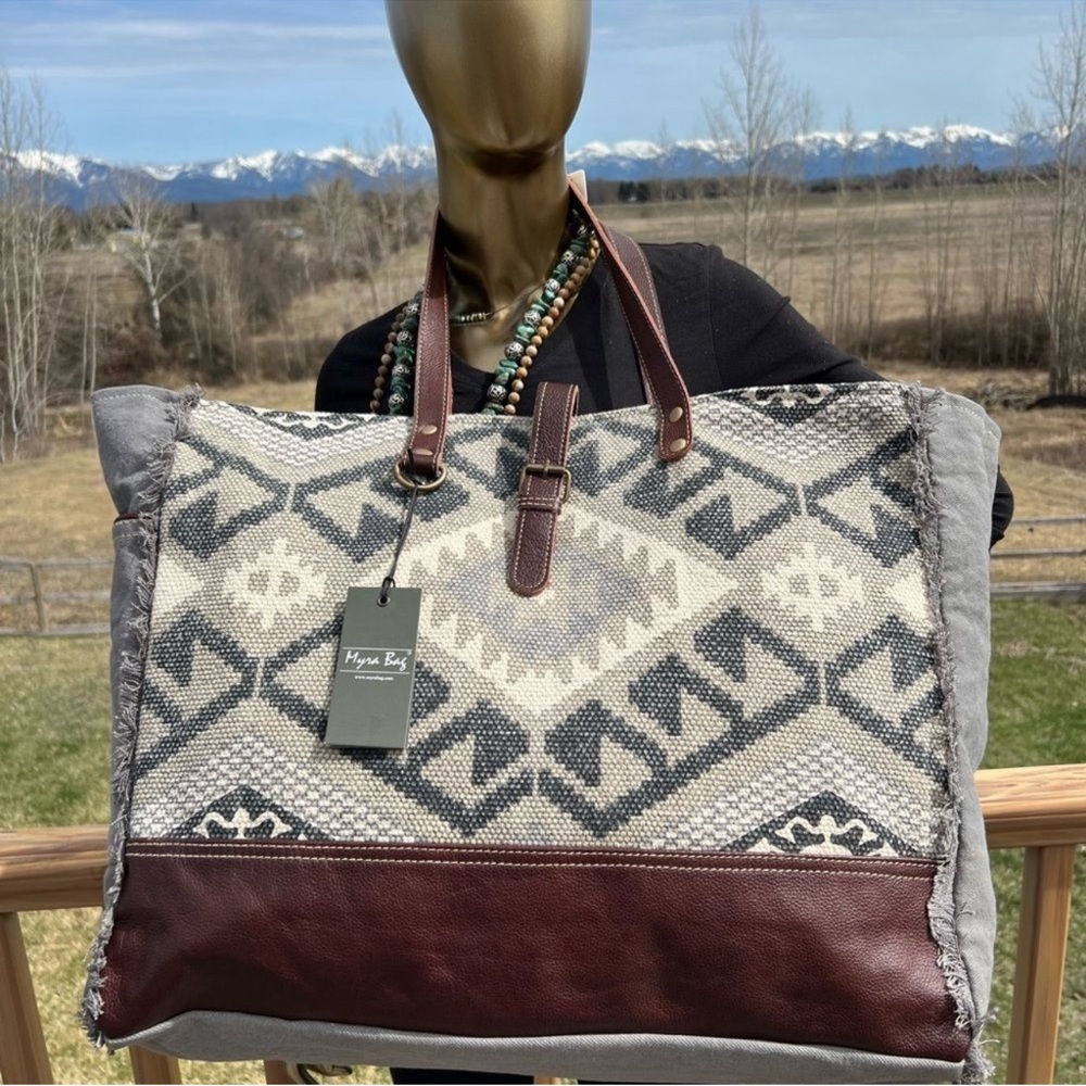 New Tribal Myra Bag Rug Canvas Leather Weekender Travel XL extra large tote